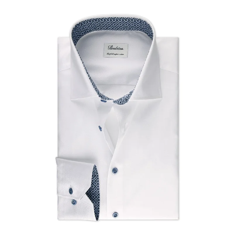 White Twill Fitted Body Blue Contrast Shirt w/ Extra Long Sleeves - Stenströms