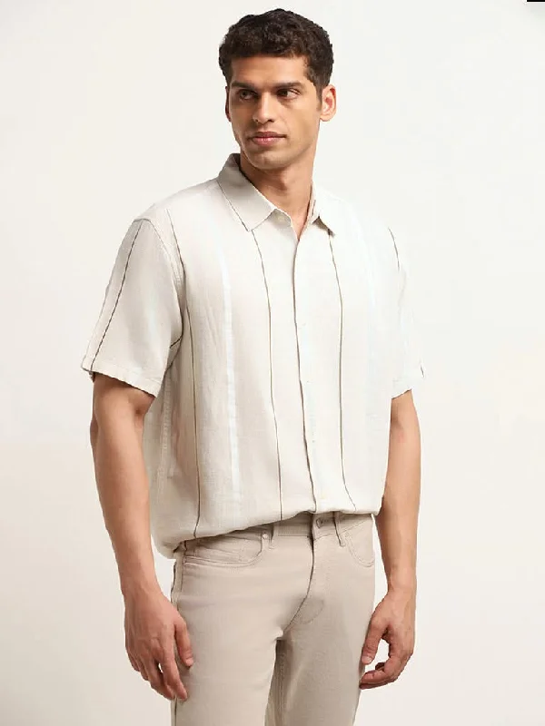 Act Now Ascot Beige Striped Relaxed Fit Blended Linen Shirt