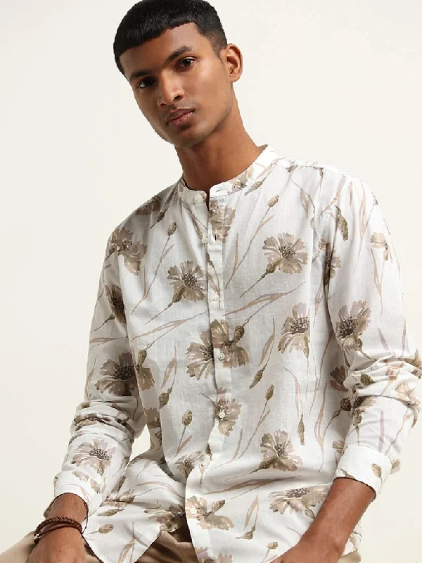 Last Chance ETA Off-White Floral Printed Cotton Resort Fit Grandad Shirt