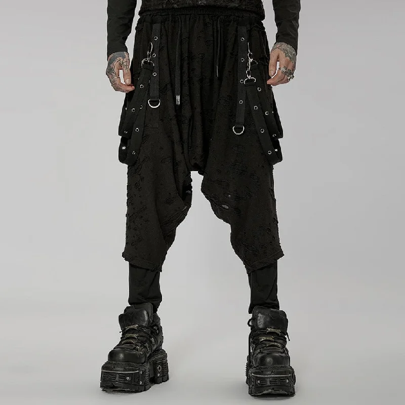 Men's Gothic Ripped Sagging Pants with Straps