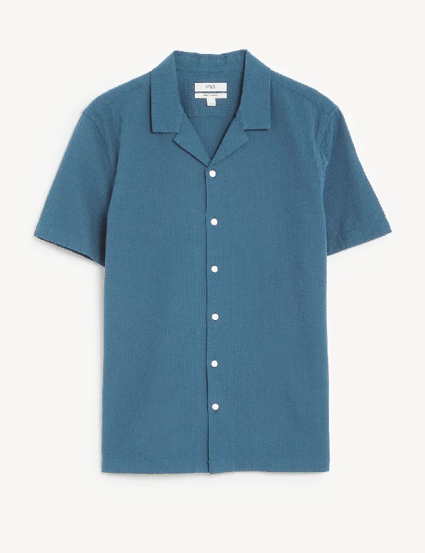 Big Discounts Pure Cotton Seersucker Cuban Collar Shirt