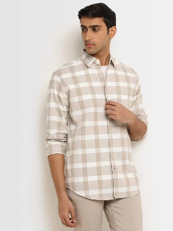 Inventory Reduction WES Casuals Beige Checkered Print Cotton Relaxed Fit Shirt