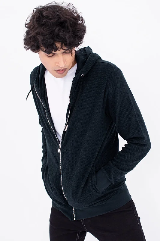 Weekend Discounts to Enjoy Navy Cotton Stretch Popcorn Knitted Hoodie Jacket