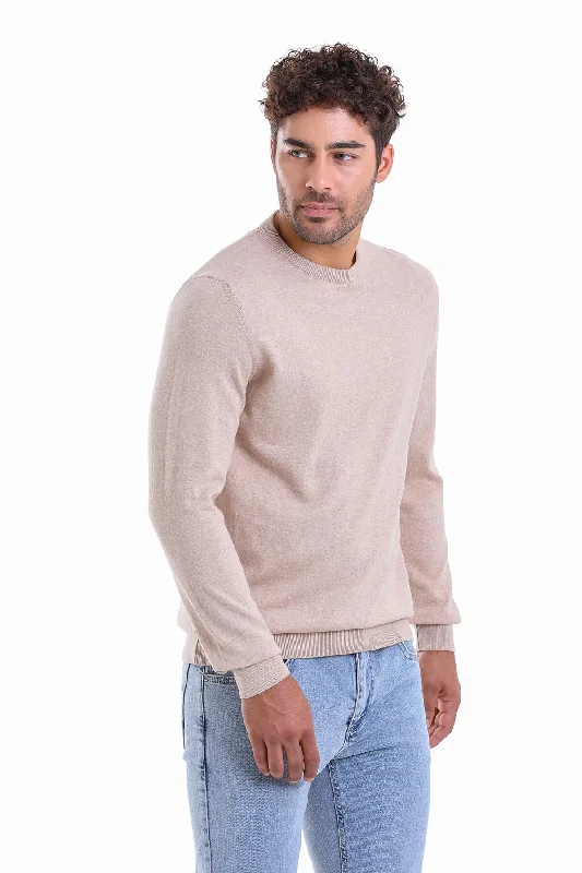 Markdowns Regular Fit Plain Cotton Beige Crewneck Sweater, Beige M.