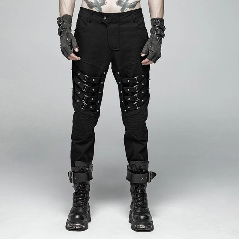 Men's Punk Rivets Straight-Leg Pants With Buckles