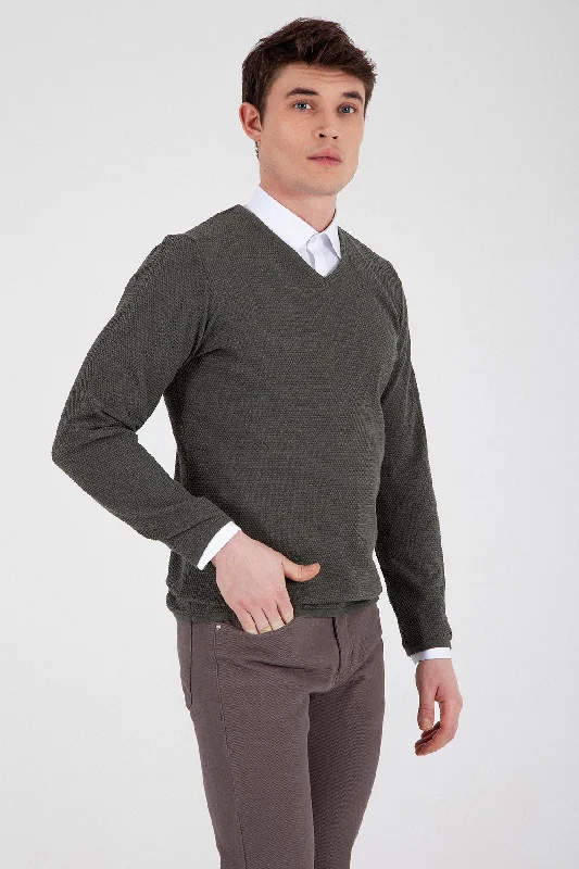 Bargain Bin Slim Fit Khaki Cotton Blend V-Neck Sweater