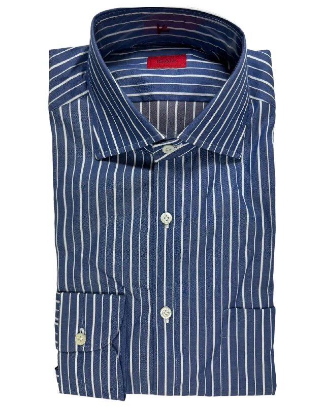 Isaia Napoli Shirt Dark Blue Stripes 39 - 15 1/2 Regular Fit