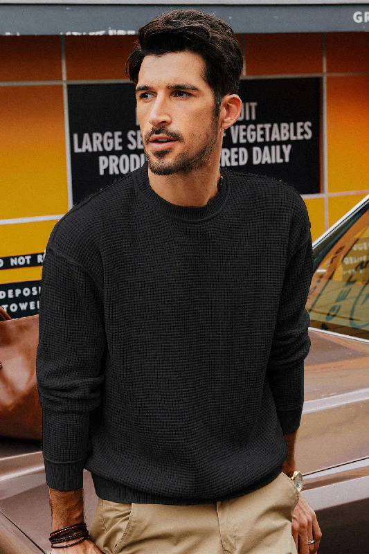 Super Sale Men Waffle Textured Sweater Long Sleeve Crew Neck Dropped Shoulder Pullover