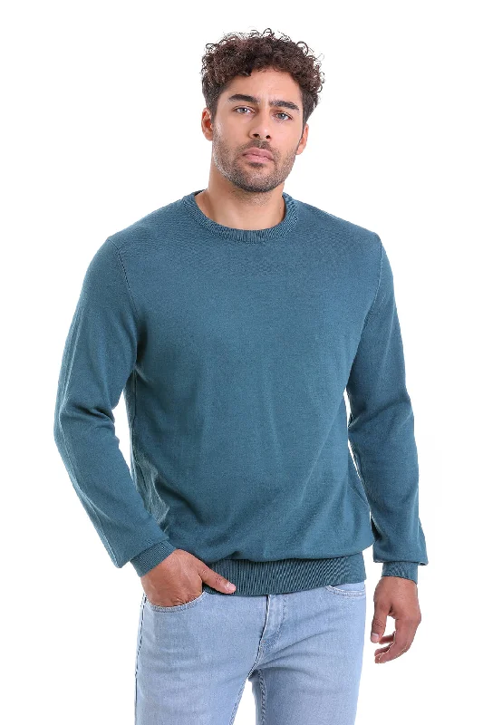 Final Clearance Regular Fit Plain Cotton Beige Crewneck Sweater, Enamel Blue