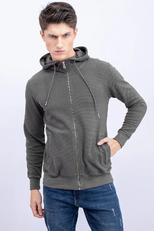 Weekend Discounts to Delight Grey Cotton Stretch Popcorn Knitted Hoodie Jacket