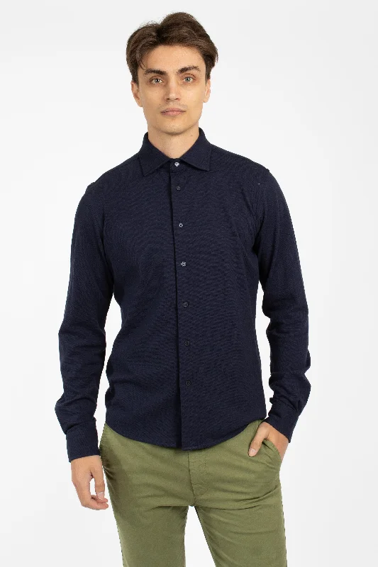 Navy Pique Knitted Cotton Shirt