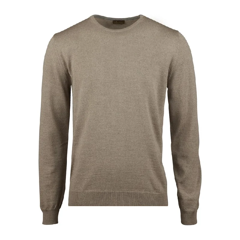 Beige Merino Wool Crew Neck Sweater with Elbow Patches - Stenstroms