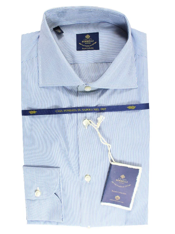 Luigi Borrelli Dress Shirt ROYAL COLLECTION White Navy Stripes 43 - 17 SALE