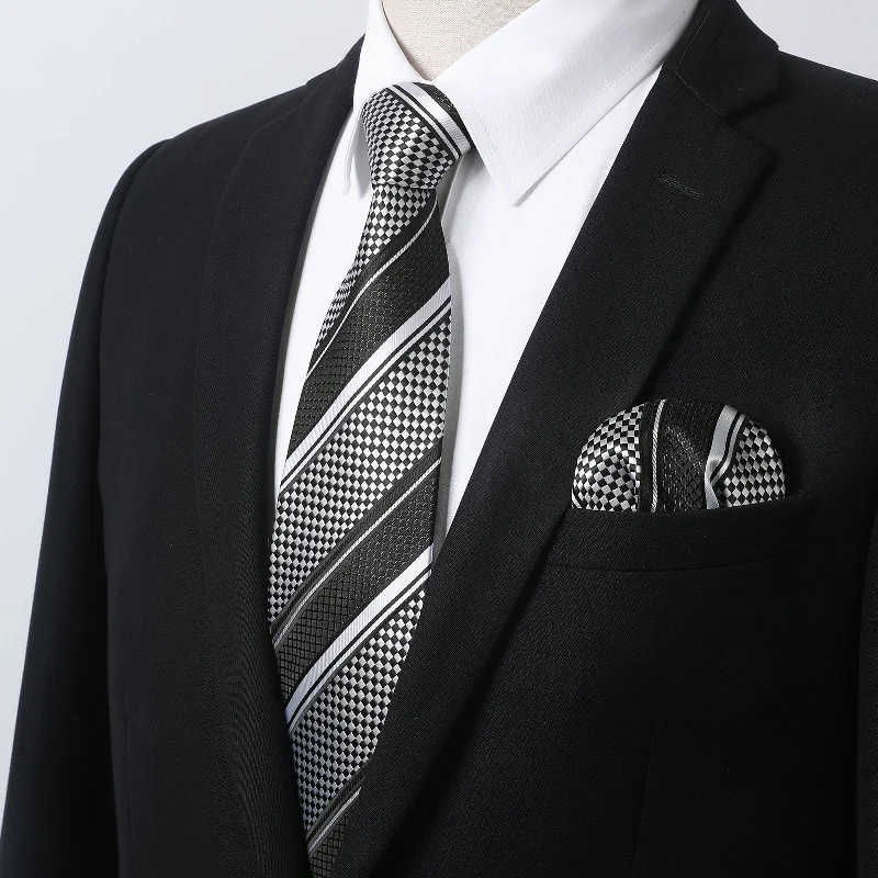 Men's Shirt with Tie Handkerchief Set - 02-WHITE/BLACK