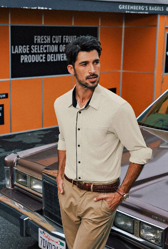 Great Deals Men Contrast Color Shirt Long Sleeve Lapel Collar Curved Hem Button-up Tops