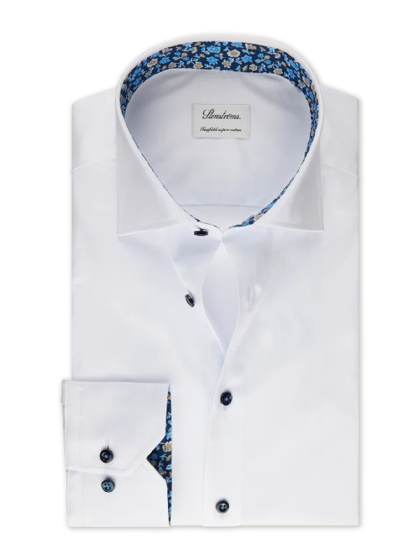 White w/ Blue Floral Trim Slimline Twill Shirt - Stenströms