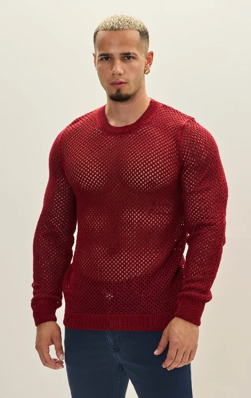 Don't Miss Out See Through Fishnet Muscle Fit Shirt - Burgundy