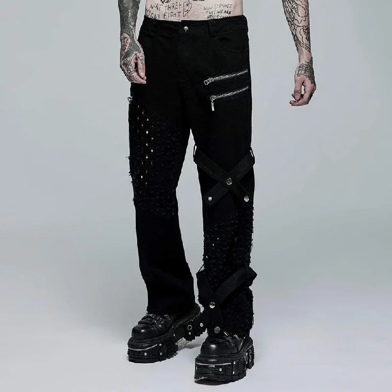 Men's Punk Ripped Zipper Straight Pants