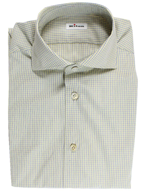 Great Bargains Kiton Dress Shirt White Lime Navy Check Spread Collar 44 - 17 1/2 REDUCED - SALE