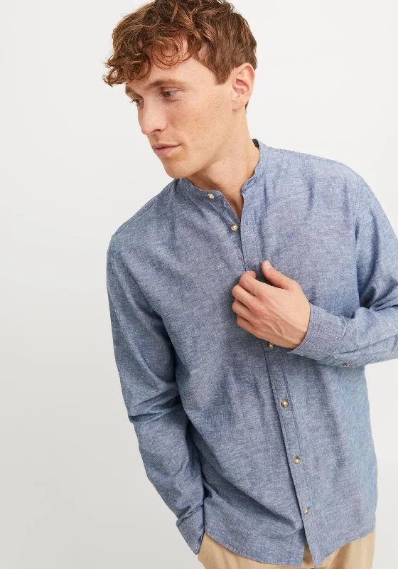 Deal Frenzy Jack & Jones Summer Linen Grandad Collar Shirt, Faded Denim