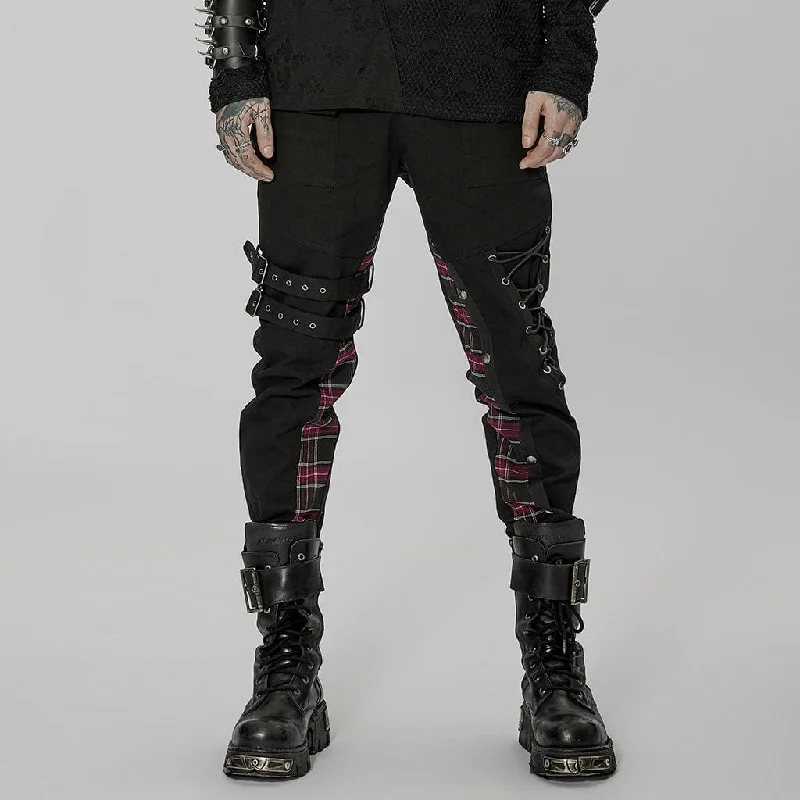 Men's Punk Strappy Plaid Splice Pants with Straps