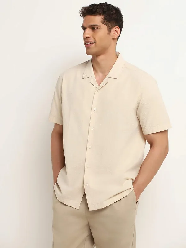 Customer Appreciation Sale WES Casuals Beige Solid Cotton Relaxed Fit Shirt
