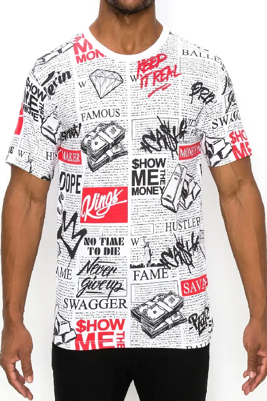 Price Cut All Over Newspaper Graphic T-Shirts