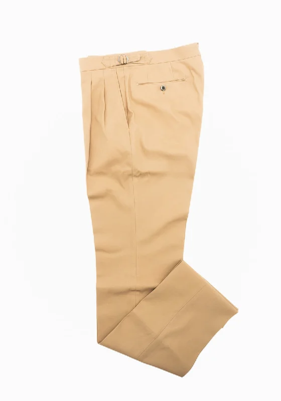 Khaki Cotton Twill Pleated Trousers