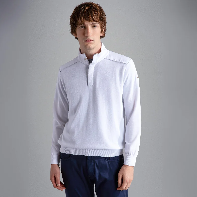 White Half Zip Fresco Cotton Sweater w/ Linen Trimming - PAUL & SHARK