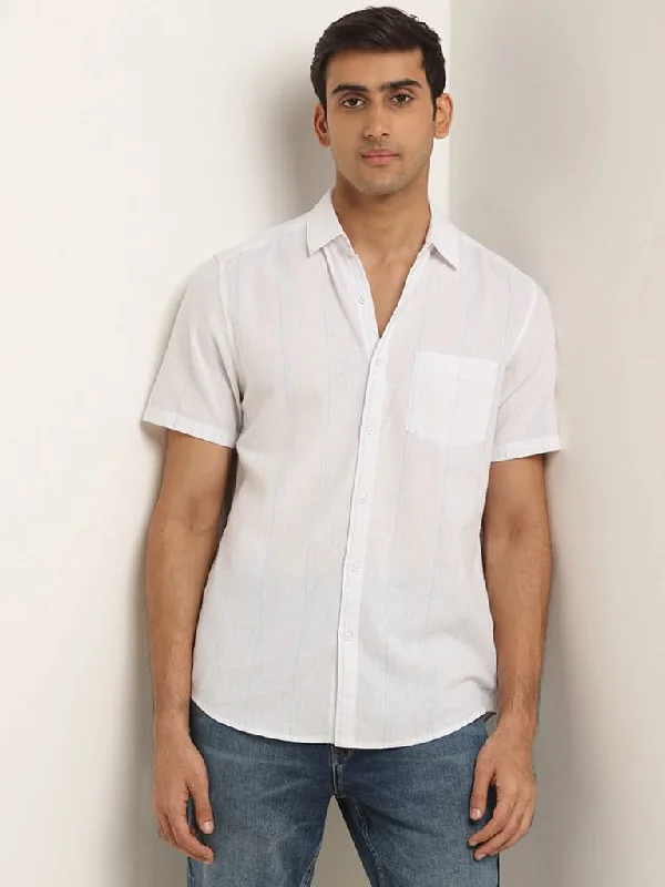 Markdowns WES Casuals White Striped Slim Fit Blended Linen Shirt