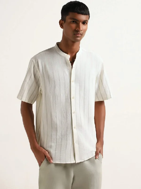 Limited Stock ETA Off-White Striped Cotton Resort Fit Grandad Shirt