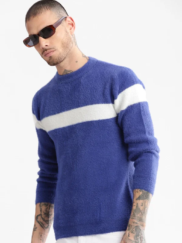 Limited Availability Men Round Neck Solid Blue Pullover