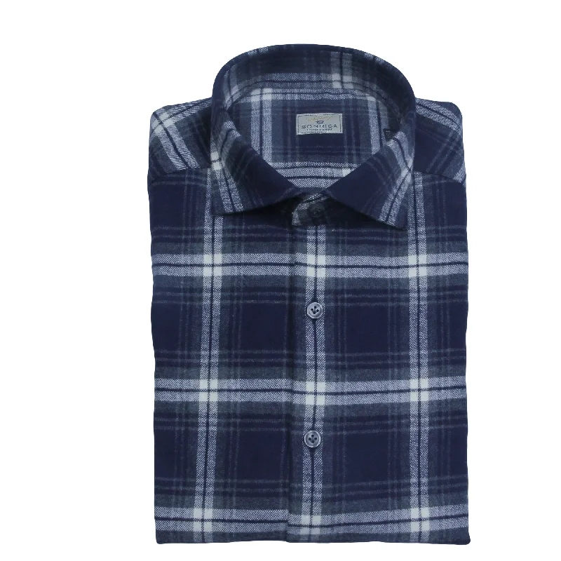 Navy Blue Check Cotton Flannel Shirt - SONRISA