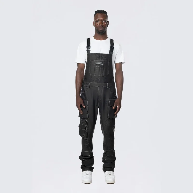 Stacked Vegan Leather Overalls - Washed Black