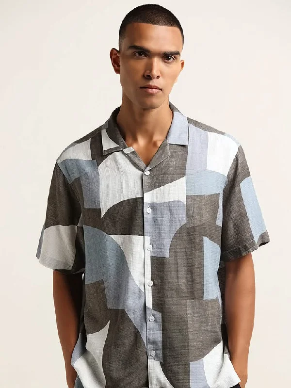 Super Sale Nuon Blue Printed Relaxed Fit Blended Linen Shirt