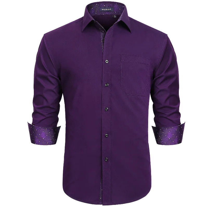 Stock Up Men's Patchwork Dress Shirt with Pocket - DARK PURPLE/PLAID