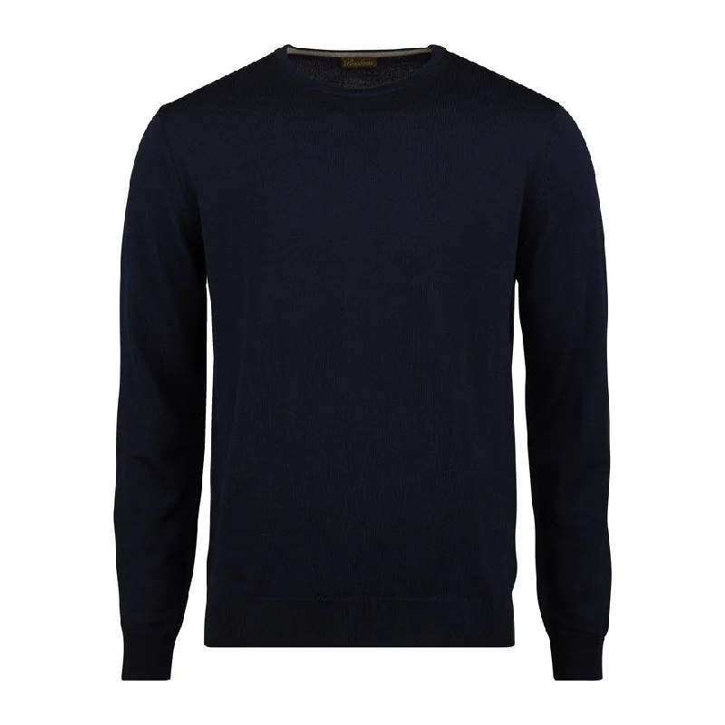 Navy Blue Merino Wool Crew Neck Sweater with Elbow Patches - Stenstroms