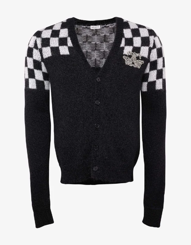 Saint Laurent Black & White Check Mohair Blend Cardigan