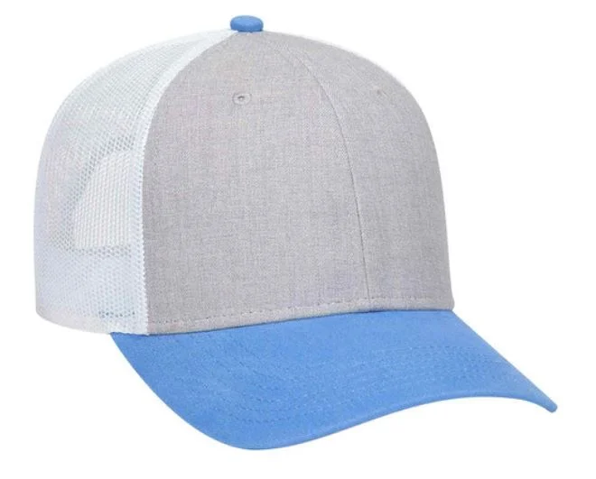 Super Bargain /OTTO CAP 6 Panel Low Profile Mesh Back Trucker Hat Columbian Blue/ Heather Grey/ White Super Bargain /OTTO CAP 6 Panel Low Profile Mesh Back Trucker Hat Columbian Blue/ Heather Grey/ White