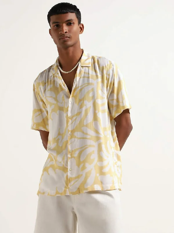 Limited Availability Nuon Yellow Relaxed Fit Printed Blended Linen Shirt