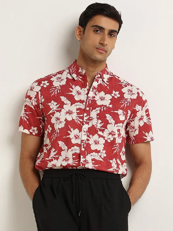 Overstock Sale WES Casuals Red Floral Slim Fit Printed Cotton Shirt