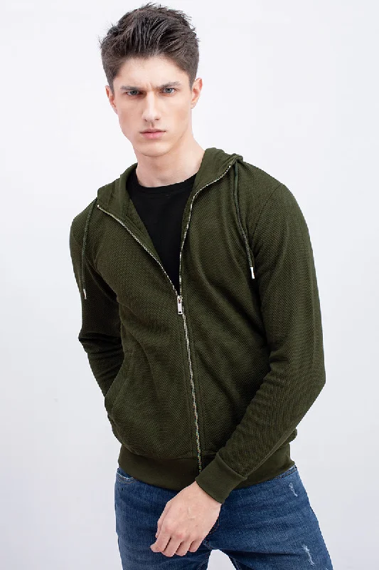 Weekend Savings Sensation Olive Green Cotton Stretch Popcorn Knitted Hoodie Jacket
