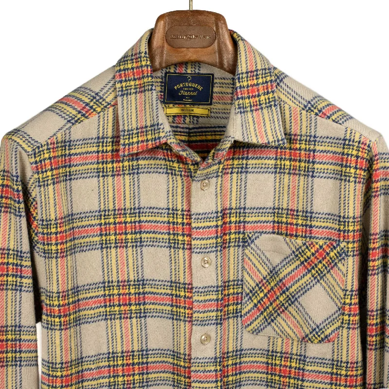 Weekend Deals That Dazzle Lars shirt in beige, navy, red, and yellow plaid cotton flannel