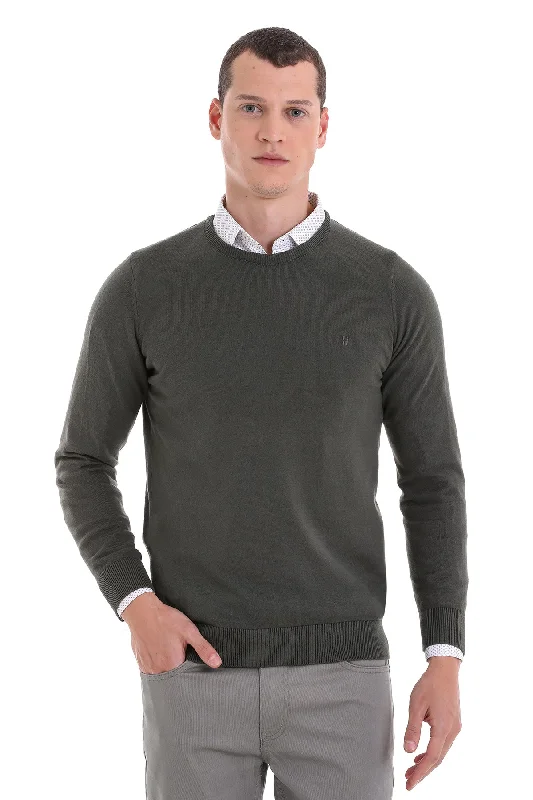 Online Only Regular Fit Cotton Khaki Crewneck Sweater
