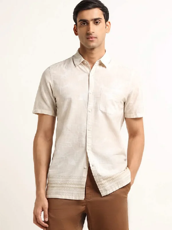 Hurry In WES Casuals Beige Floral Print Cotton Slim Fit Shirt
