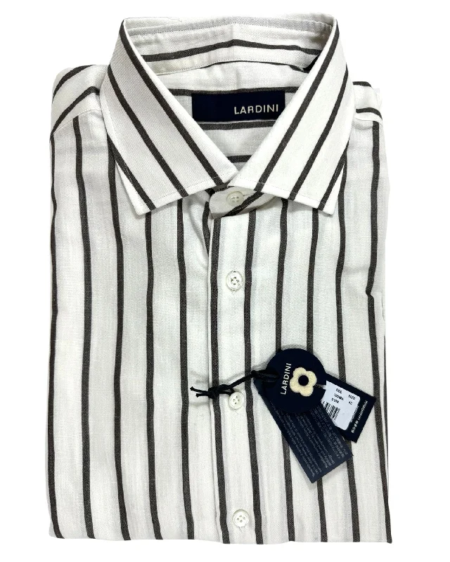 Quick Sale Lardini Dress Shirt White Brown Stripes Design Flax Wool Cotton 42 - 16 1/2 SALE