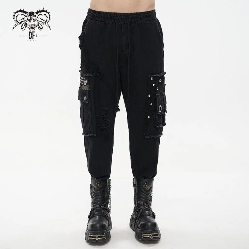 Men's Punk Big-pocket Splice Ripped Jogger Pants