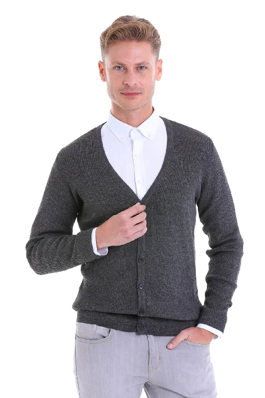 Regular Fit Gray Wool Blend Cardigan