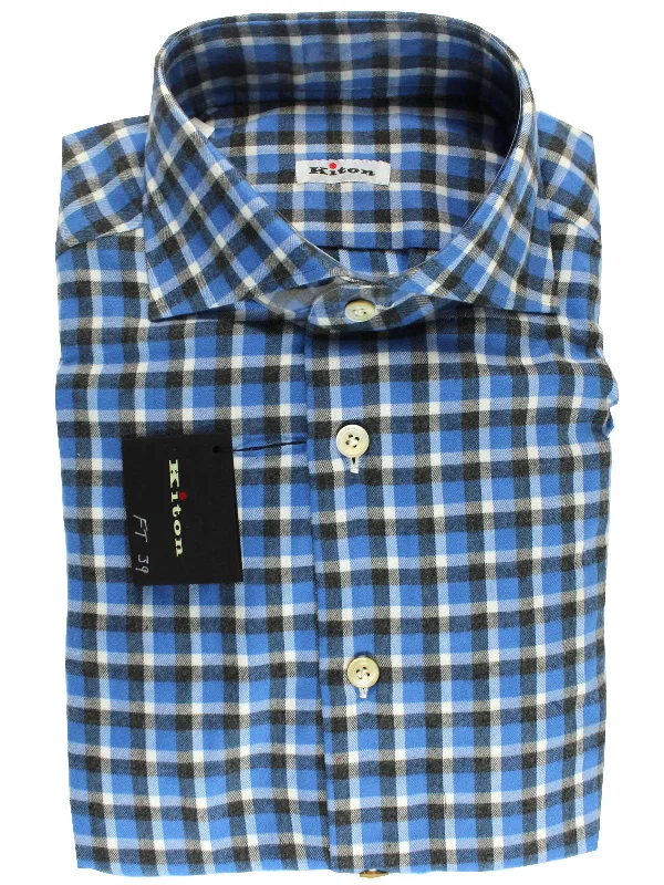 Quick Deals Kiton Sport Shirt Blue Check 39 - 15 1/2 BLACK FRIDAY SALE
