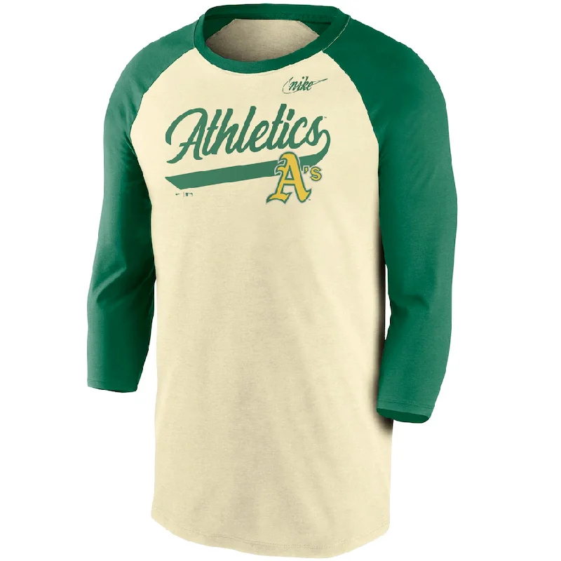 Warehouse Sale Oakland Athletics Nike Cooperstown Collection Script Tri-Blend 3/4 Sleeve Raglan T-Shirt – Cream/Green Warehouse Sale Oakland Athletics Nike Cooperstown Collection Script Tri-Blend 3/4 Sleeve Raglan T-Shirt – Cream/Green